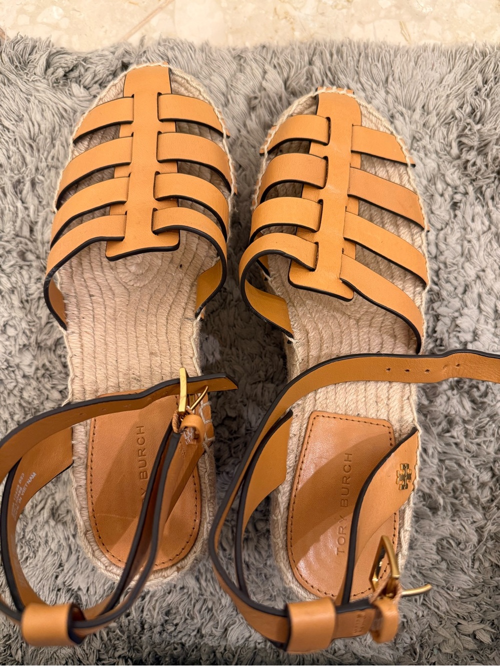 Tory Burch Cognac Leather Espadrille Sandals